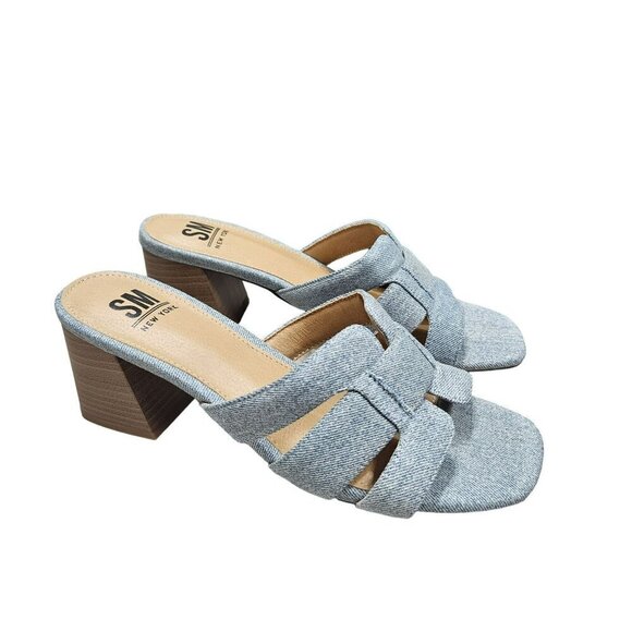 SM New York NWB Ina Denim Block Heel Sandals Open Toe Slip-On‎ Neutral Shoes - Picture 8 of 14